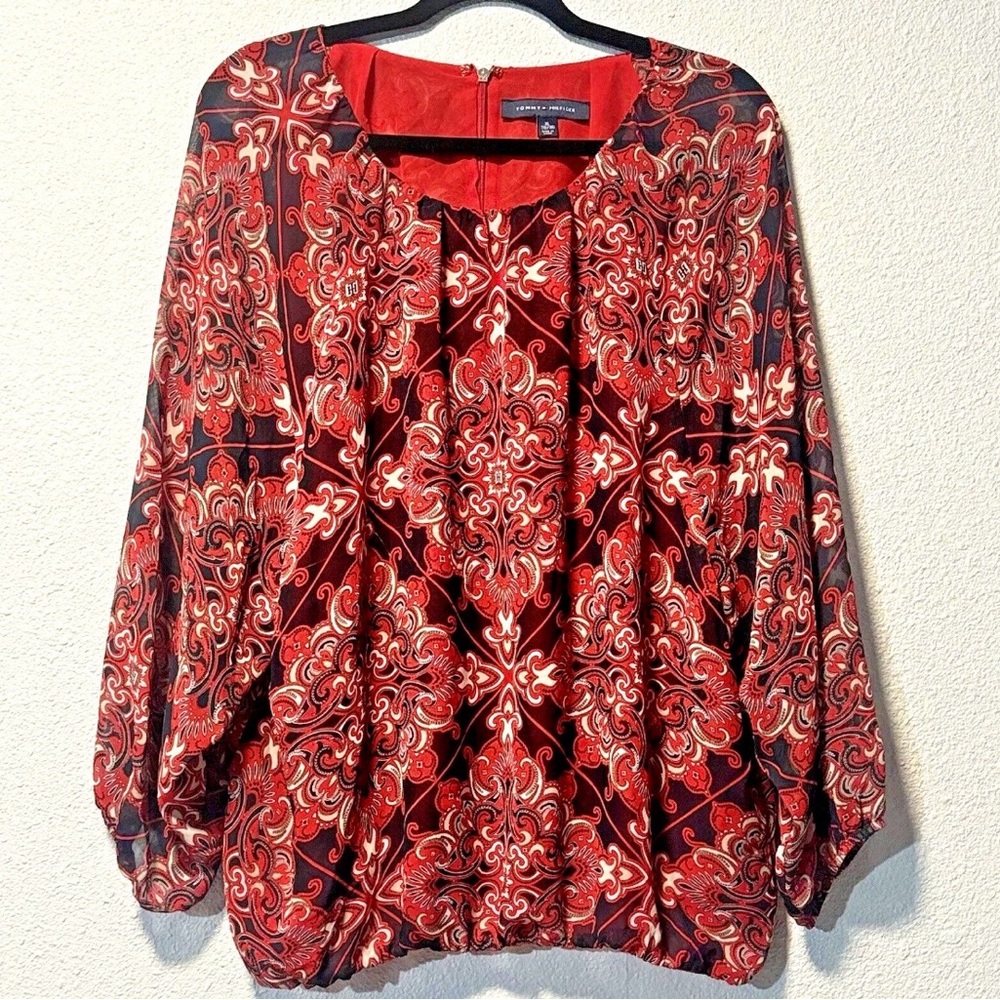 Tommy Hilfiger Paisley Print Chiffon Blouse XL Red Navy Boho Top Bubble - Picture 6 of 8